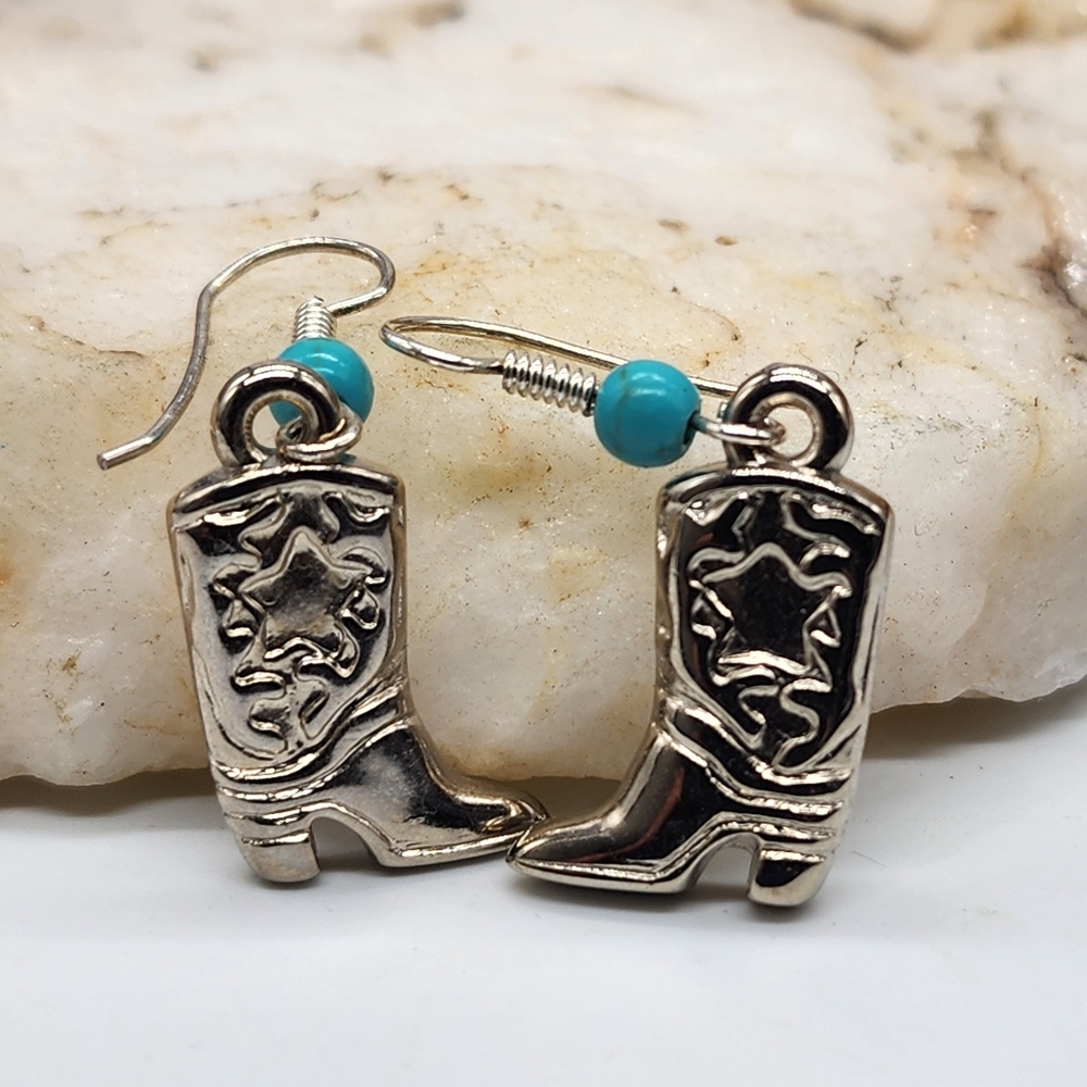 ❤️ Silver Earrings Turquoise Beads Cowboy Boots 👢👢minimalist Jewelry